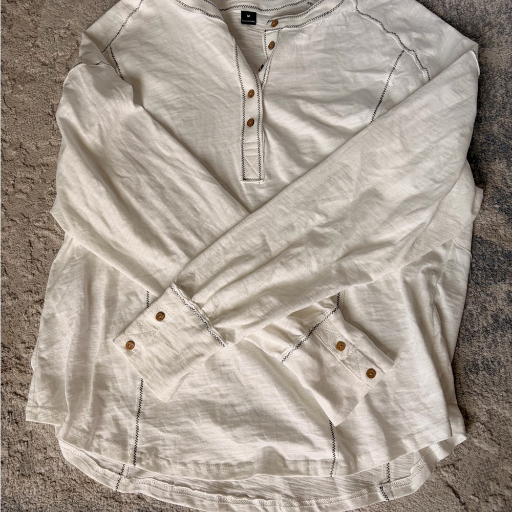Women’s White Long-Sleeve Henley Shirt with Contrast Stitching